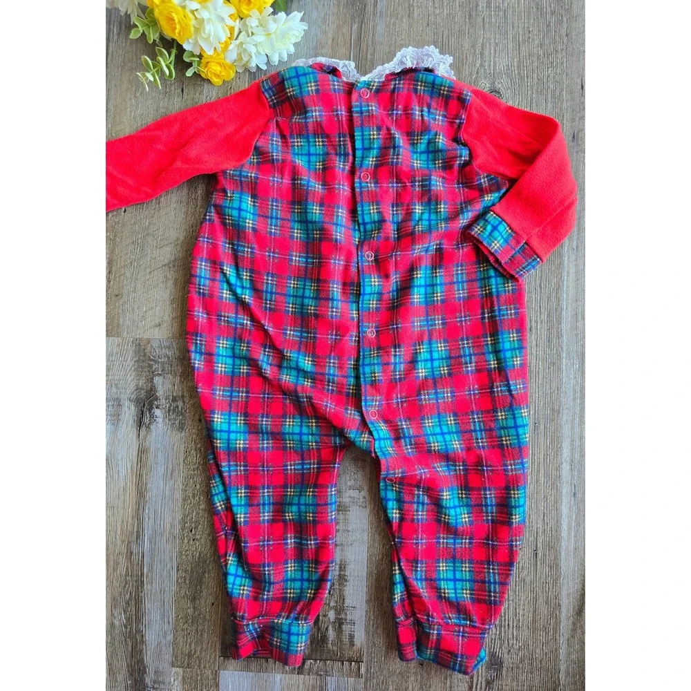 Vintage 80s Playskool Red Plaid Christmas Romper Sleepwear Size Large 6-12m Lace
